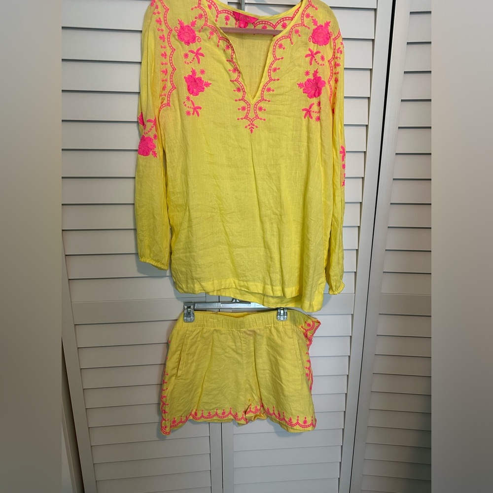 Lilly Pulitzer Yellow and Pink Embroidered Top and Shorts Set